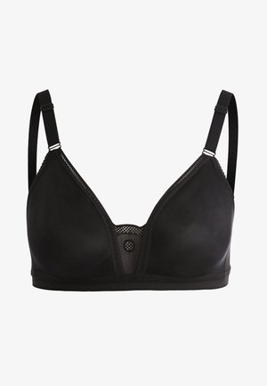 Sort bh med en glat, mat stof, bløde trekantede skåle, mesh-detaljer, justerbare stropper og en central accent.