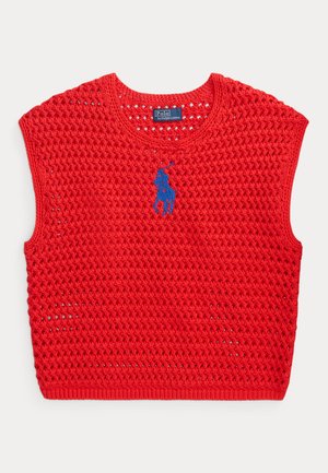 Veste sans manches en tricot rouge à motif ajouré avec logo Polo Ralph Lauren bleu brodé au centre sur le devant.