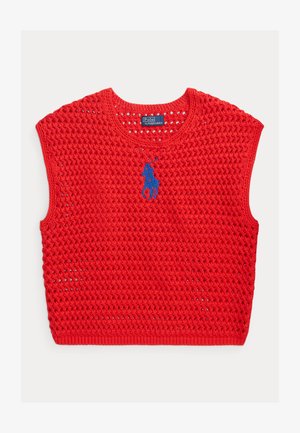 Rød strikket ermeløs genservest med åpen vevdesign og blå Polo Ralph Lauren-logo brodert midt foran.
