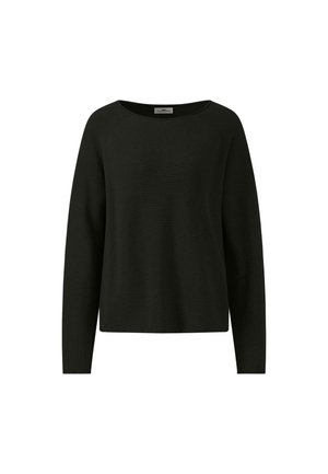 Juodas megztinis su apvalia iškirpte, ilgomis rankovėmis ir laisvu siluetu. Audinys atrodo lygus su subtiliu raštu.