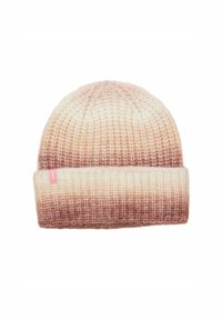 Stickad gradientmössa i nyanser av rosa och kräm med vikt kant och en liten rosa etikett på sidan.