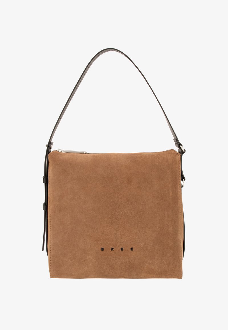 Brązowa torebka z zamszu o prostokątnym kształcie, z pojedynczym regulowanym paskiem ze skóry i wytłoczonym logo marki z przodu. Zapięcie na suwak na górze.