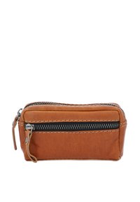 Brown leather pouch with a textured surface, featuring a dark zipper and accent stitching. Compact rectangular shape with a zipper pull.