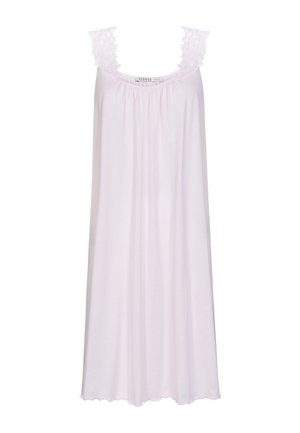 Jasnoróżowa koszula nocna z koronką na ramiączkach, luźnym krojem i miękkim materiałem o płynącej sylwetce. Z falistym wykończeniem na dole.