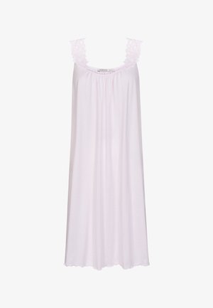 Vaaleanpunainen yöpaita, jossa pitsikoristeiset olkaimet, väljälahkeinen malli ja pehmeä kangas, joka laskeutuu virtaavasti. Reunuksessa aaltoileva muoto.