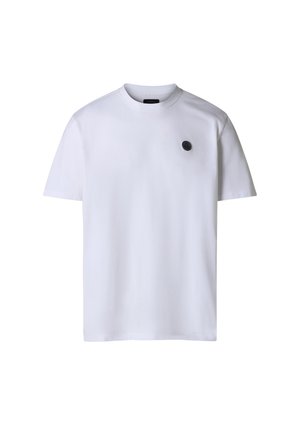 T-shirt bianca a maniche corte con scollo rotondo e piccolo logo circolare nero sul lato sinistro del petto, design semplice.