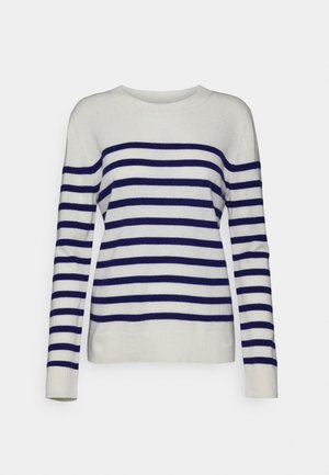 Striped sweater made of soft fabric. Features navy blue stripes on a white background, crew neck design, and long sleeves.