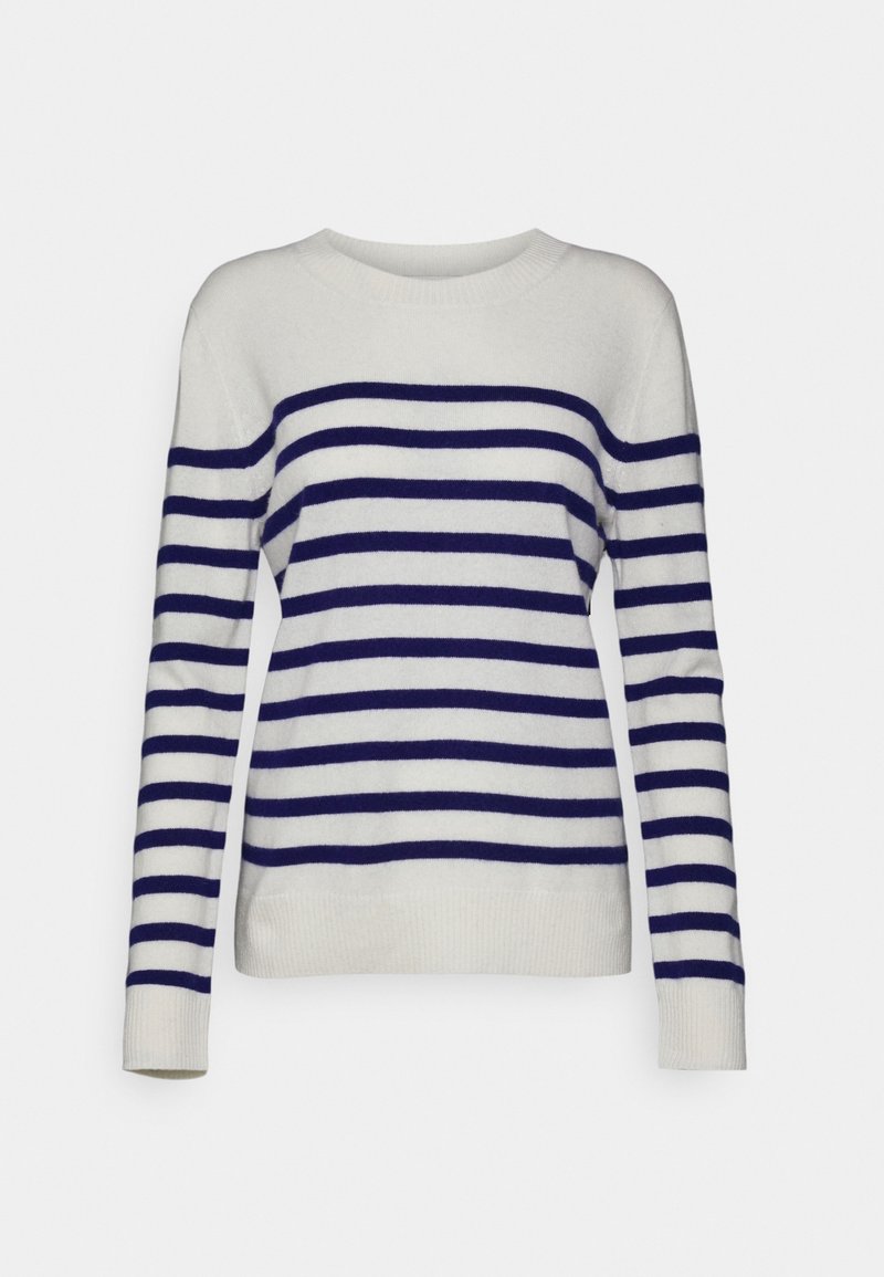 Pull rayé en tissu doux. Présente des rayures bleu marine sur un fond blanc, un col rond et des manches longues.
