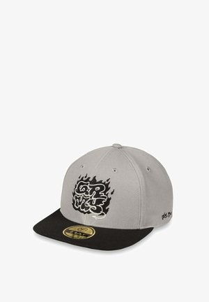 Gray cap with black visor, embroidered design featuring flames and text in black on front, and logo on the right side. Fabric texture visible.