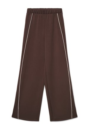 Pantalon marron à jambes larges avec taille élastique et détails en passepoil blanc le long des coutures extérieures.