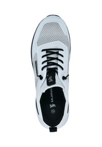 Weißes und graues, mesh Sport-Schuh mit schwarzen Schnürsenkeln, Salamander-Logo und sichtbarer Größe 42 auf der Innensohle.