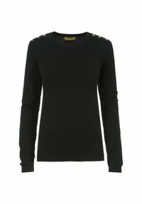 Czarny sweter z długim rękawem, okrągłym dekoltem i złotymi guzikami na ramionach, charakteryzujący się miękką, gładką fakturą.