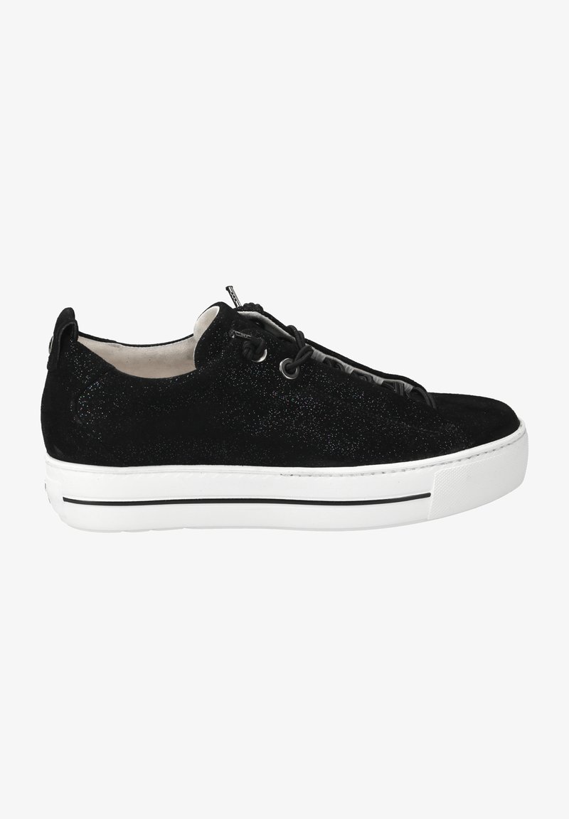 Black suede sneaker with glittery texture, white rubber sole, black laces, and a low-profile design. Features subtle black stripe on sole.