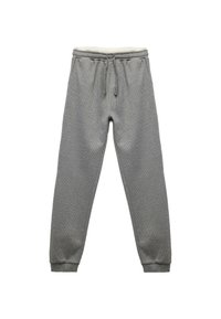 Grå sweatpants med en tekstureret stof, elastisk talje, snortræk og ribbede manchetter. Designet til komfort og afslappet brug.