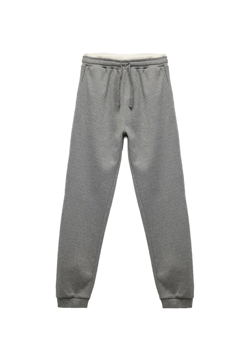 Grå sweatpants med en tekstureret stof, elastisk talje, snortræk og ribbede manchetter. Designet til komfort og afslappet brug.