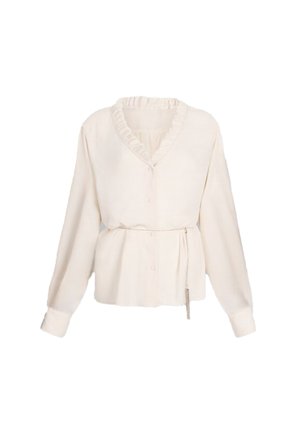 Blusa color crema con maniche lunghe, scollatura a V con volant, chiusura a bottone e cintura in vita. Tessuto morbido con una leggera trama testurizzata.