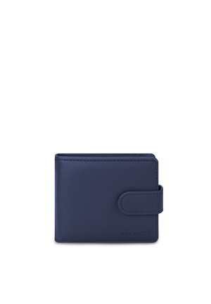 Leather wallet in dark blue with a smooth texture, bi-fold design, side button closure, and embossed brand logo on the front.