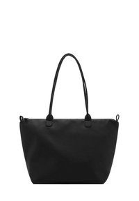 Svart tote-väska med två handtag, som har en slät utsida och en rymlig design, lämplig för vardagligt bruk eller ärenden.