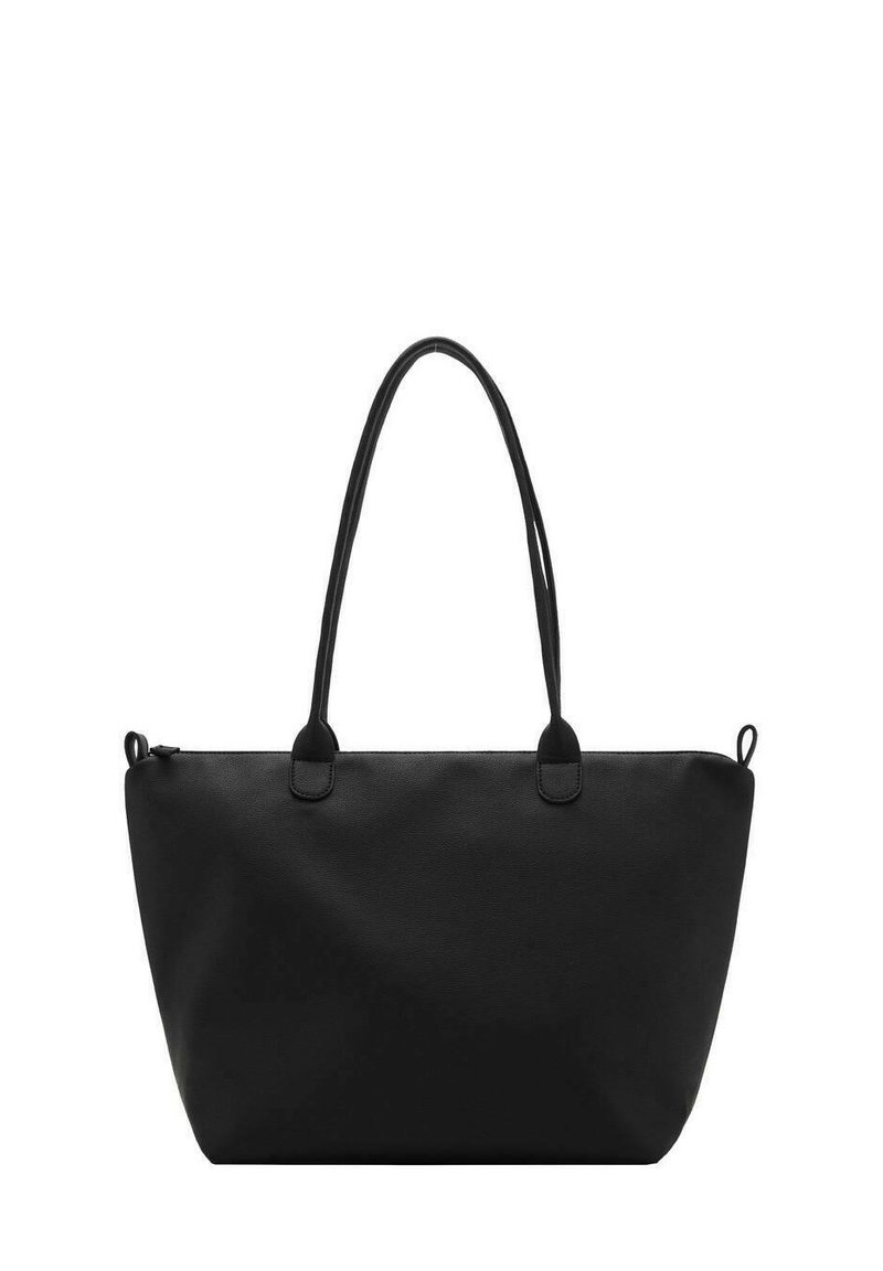 Svart tote-väska med två handtag, som har en slät utsida och en rymlig design, lämplig för vardagligt bruk eller ärenden.