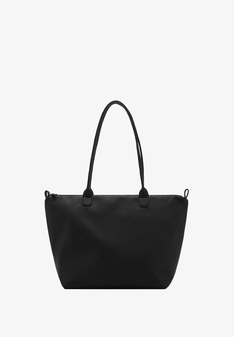 Musta olkalaukku kahdella kahvalla, jossa on sileä pinta ja tilava muotoilu, sopii päivittäiseen käyttöön tai asioille.