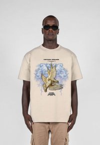 Beige t-skjorte med korte ermer som har et grafisk motiv av en fugl med utstrakte vinger, blå sky-mønstre, og teksten "VINTAGE DREAMS" over.