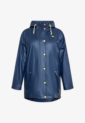 Tengerészkék, vízálló esernyőkabát fényes anyagból, kapucnival, sárga gombokkal és oldalsó zsebekkel.
