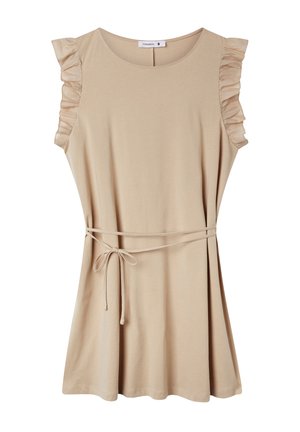 Abito beige senza maniche con spalline arricciate, cintura aderente in vita e orlo fluente, realizzato in tessuto morbido e leggero.