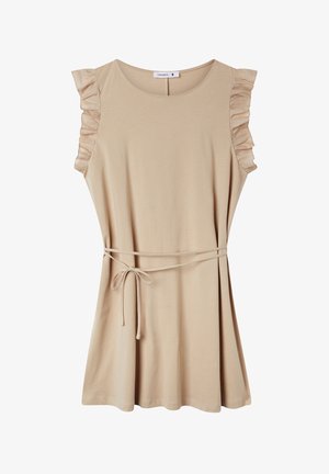 Abito beige senza maniche con spalline arricciate, cintura aderente in vita e orlo fluente, realizzato in tessuto morbido e leggero.