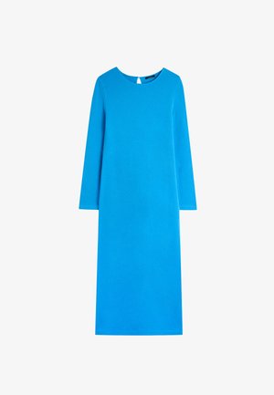 Langärmliges, knielanges Kleid in leuchtendem Blau. Hergestellt aus glattem Stoff mit rundem Ausschnitt und einem rückseitigen Schlüssel-Loch-Detail.
