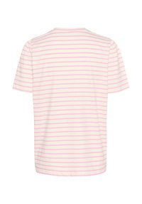 T-shirt rayé avec des bandes horizontales rose clair et blanches, un col rond et des manches courtes, en tissu doux.