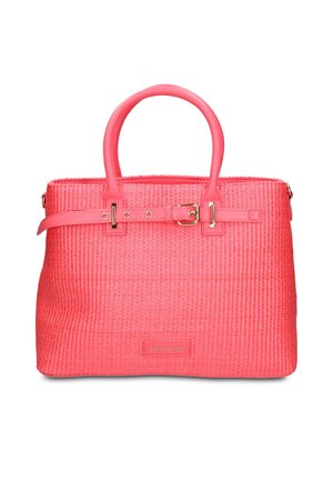 Coral pink woven handbag with dual rounded handles, a decorative belt with gold buckle detail, and a subtle brand label on the front.