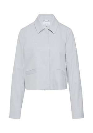 Veste grise clair, coupée, avec un col pointu, des manches longues et deux poches avant. Présente une texture de tissu lisse.