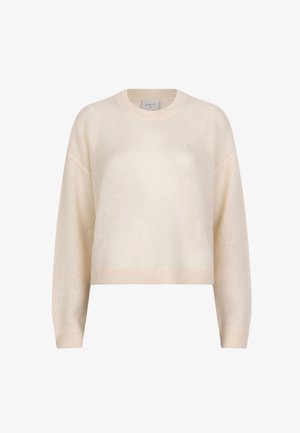 Crème-kleurige gebreide trui met lange mouwen, een ronde hals en geribde manchetten. Bevat een subtiele logo-detail op de voorkant.