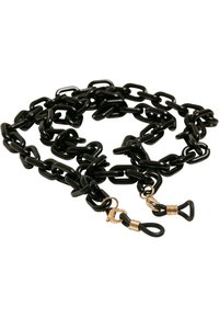 Catena in plastica nera con anelli allungati, dotata di accessori color oro su entrambe le estremità, progettata per versatilità e durata.