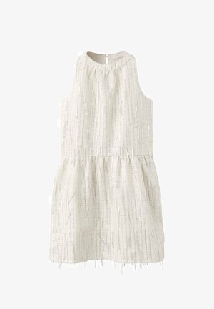 Vestito bianco senza maniche con scollo rotondo, tessuto strutturato con strisce verticali e vita arricciata con gonna svasata.