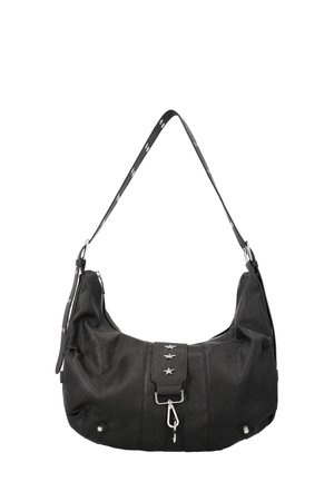 Schwarze Lederschultertasche mit drei silbernen Sternnieten am vorderen Riemen und silberner Schnalle, mit langem verstellbarem Riemen mit Sternmustern.