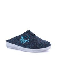 Pantofole in feltro di colore blu scuro con design a cuore turchese. Stile slip-on con punta arrotondata e suola in gomma grigia. Texture morbida.