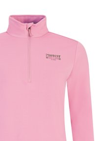 Ružova ilgomis rankovėmis zip-up palaidinė su aukštu apykakle, turi logotipą ant krūtinės. Pagaminta iš minkštos, tamprios medžiagos su lygiu paviršiumi.