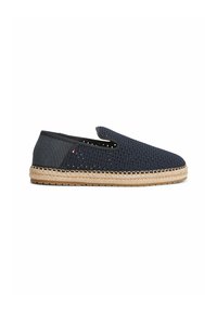 Espadrille bleu foncé à enfiler avec dessus en mesh tissé, semelle intermédiaire enveloppée de jute et semelle extérieure en caoutchouc.