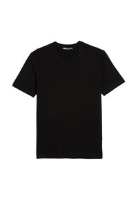 Sort bomulds T-shirt med korte ærmer, rund hals og en glat tekstur. Ingen mønstre eller logoer til stede. Standard pasform design.