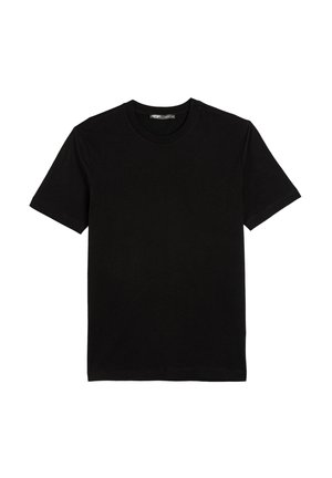 Schwarzes Baumwoll-T-Shirt mit kurzen Ärmeln, Rundhalsausschnitt und glatter Textur. Keine Muster oder Logos vorhanden. Standardmäßige Passform.