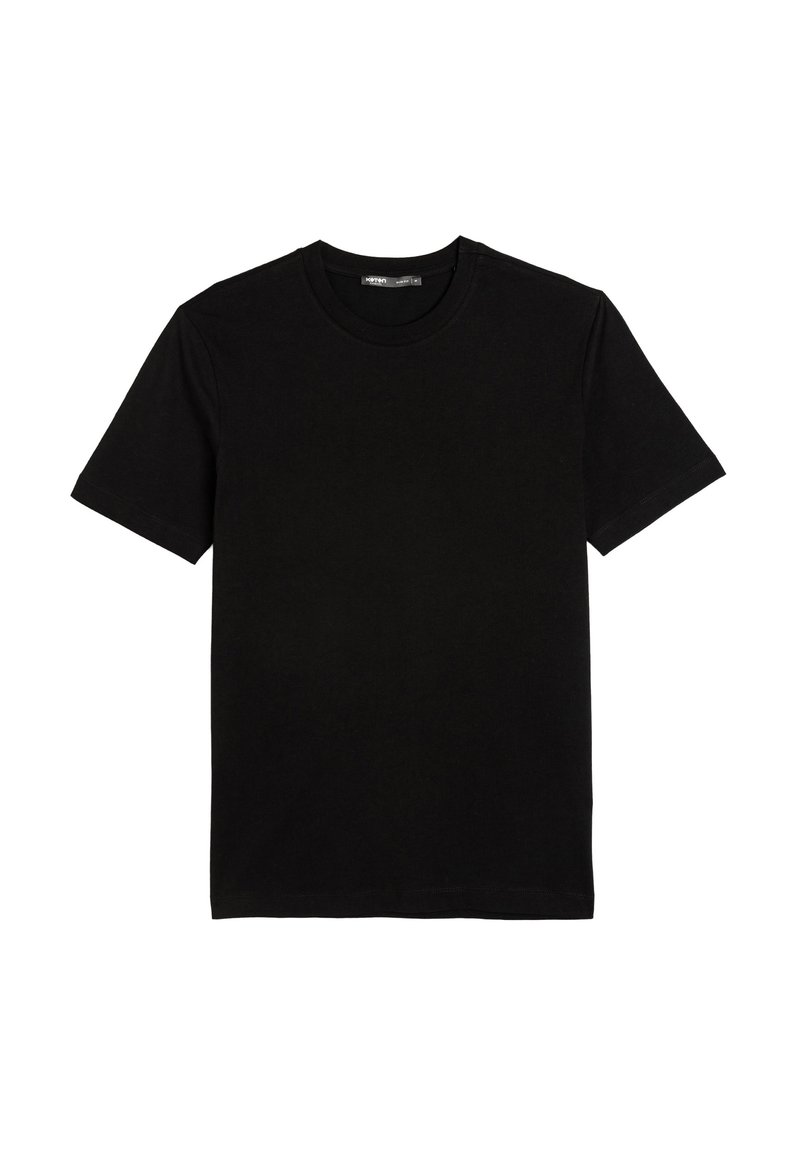 Sort bomulds T-shirt med korte ærmer, rund hals og en glat tekstur. Ingen mønstre eller logoer til stede. Standard pasform design.