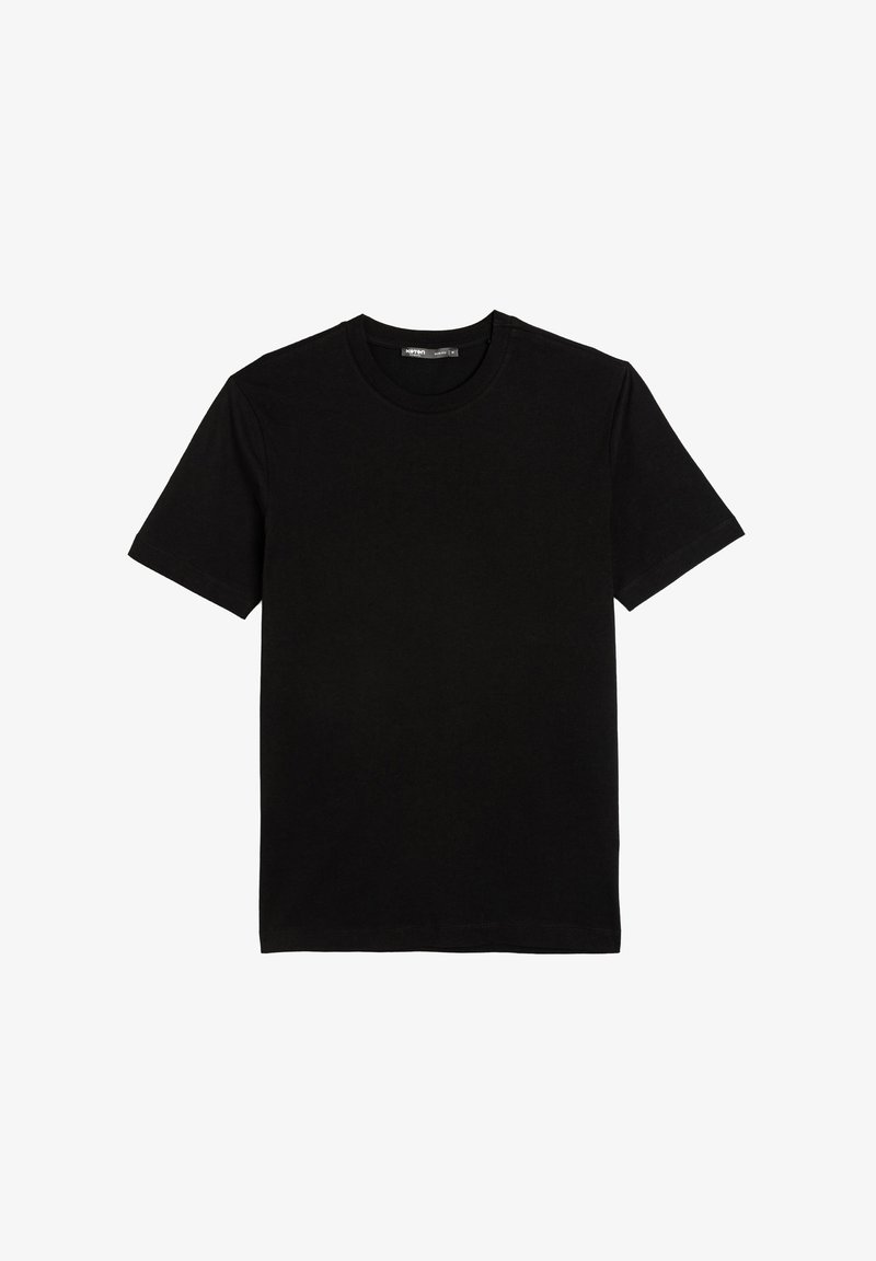 Svart bomullströja med korta ärmar, rund hals och en jämn textur. Inga mönster eller logotyper. Standard passform.