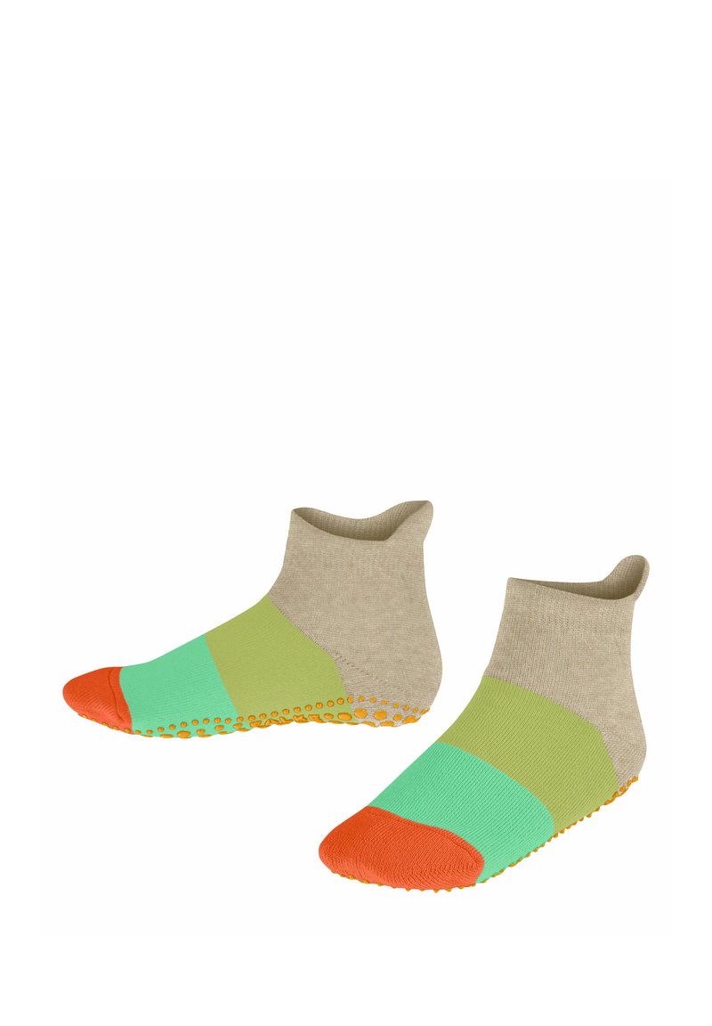 Chaussettes de cheville colorées avec des segments verts, menthe et orange. Semelle anti-dérapante texturée avec de petites perforations. Matière douce en mélangé de coton.