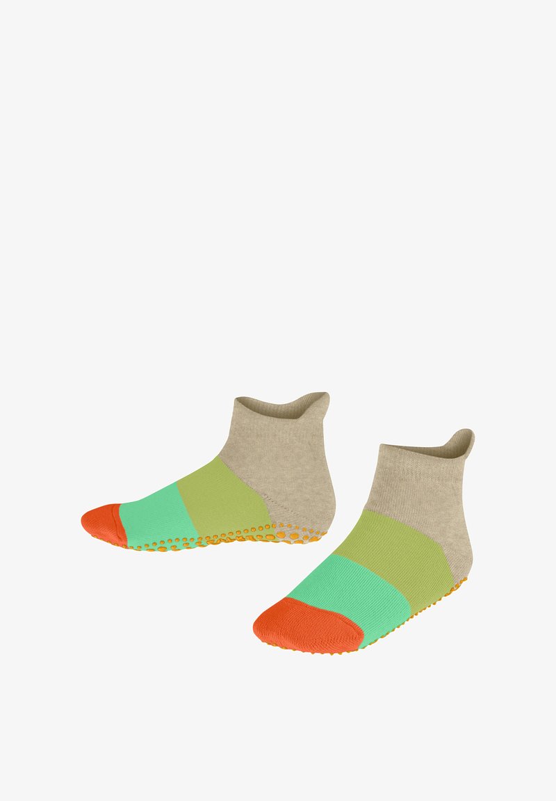 Chaussettes de cheville colorées avec des segments verts, menthe et orange. Semelle anti-dérapante texturée avec de petites perforations. Matière douce en mélangé de coton.