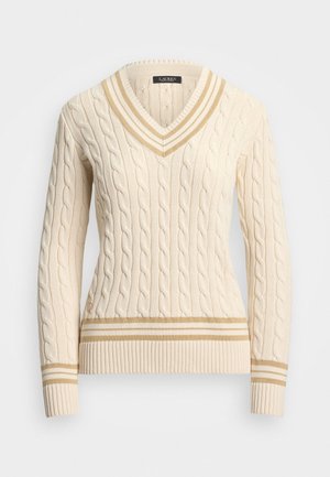 Cream cable-knit sweater with a V-neck and ribbed hem. Features beige stripes on the collar and cuffs. Soft texture, fitted design.