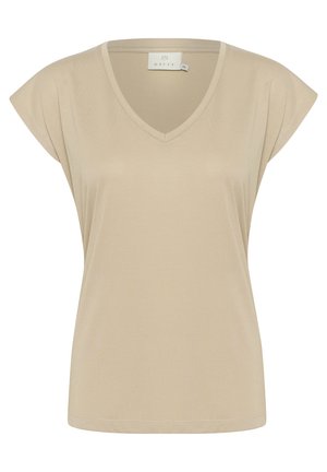 Beige V-hals t-shirt met korte mouwen en een ontspannen pasvorm. Gemaakt van een gladde, lichte stof met minimale stikdetails.