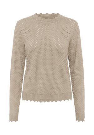 Pull en tricot de couleur beige clair avec un motif texturé, un col festonné, des manches longues et un ourlet et des poignets côtelés.
