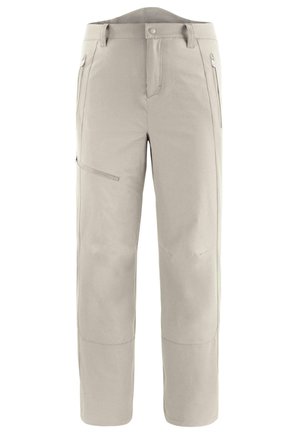 Helle beigefarbene Hose aus strapazierfähigem Stoff. Mit einem Reißverschluss-Seitentasche, geraden Beinen und verstärkten Kniebereichen. Klassisches Design mit Gürtelschlaufen.