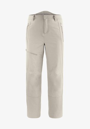 Helle beigefarbene Hose aus strapazierfähigem Stoff. Mit einem Reißverschluss-Seitentasche, geraden Beinen und verstärkten Kniebereichen. Klassisches Design mit Gürtelschlaufen.